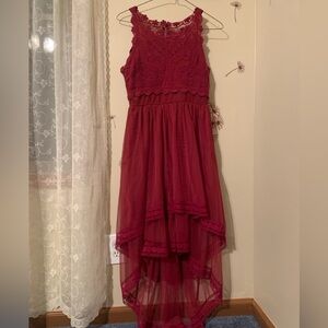 Francesca’s Burgundy Lace Embroidered Floral Sleeveless High Low Midi Dress